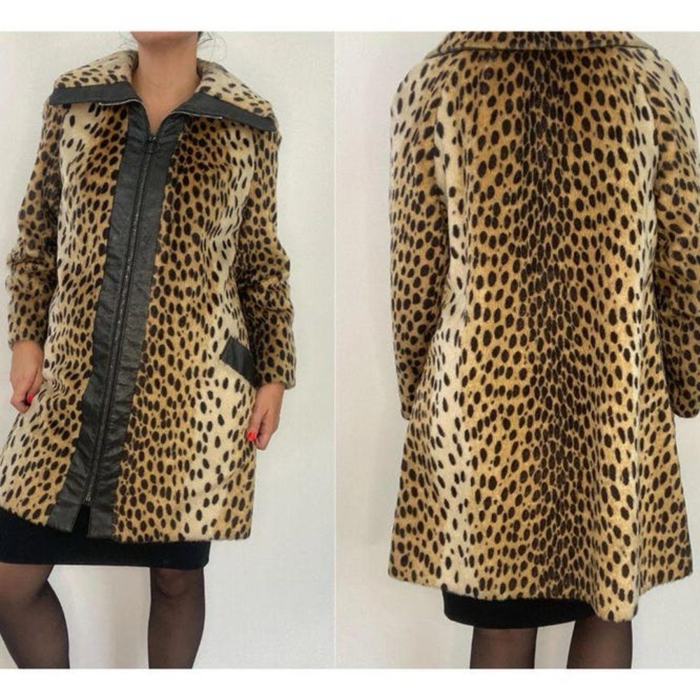 Sportowne Safari Faux Fur Leopard Print Coat Beige Black Vintage(no size tag)
